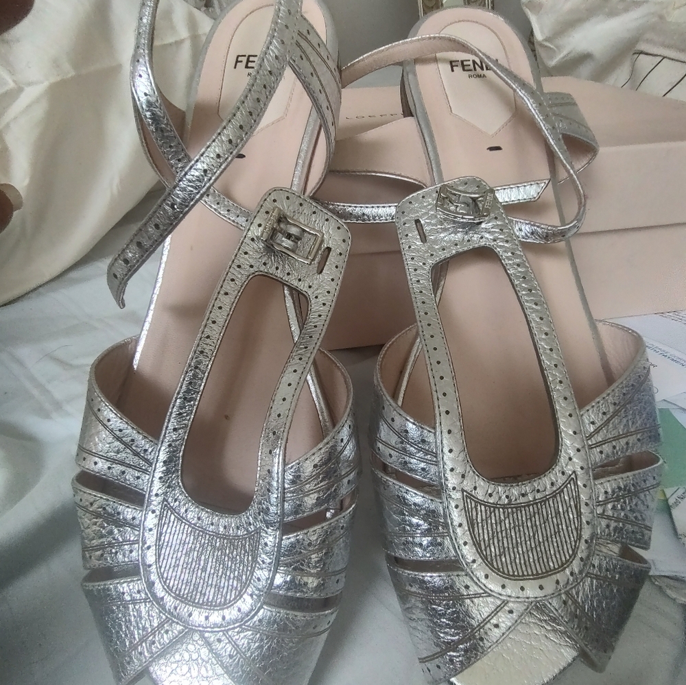 Fendi Metallic Silver Sandals